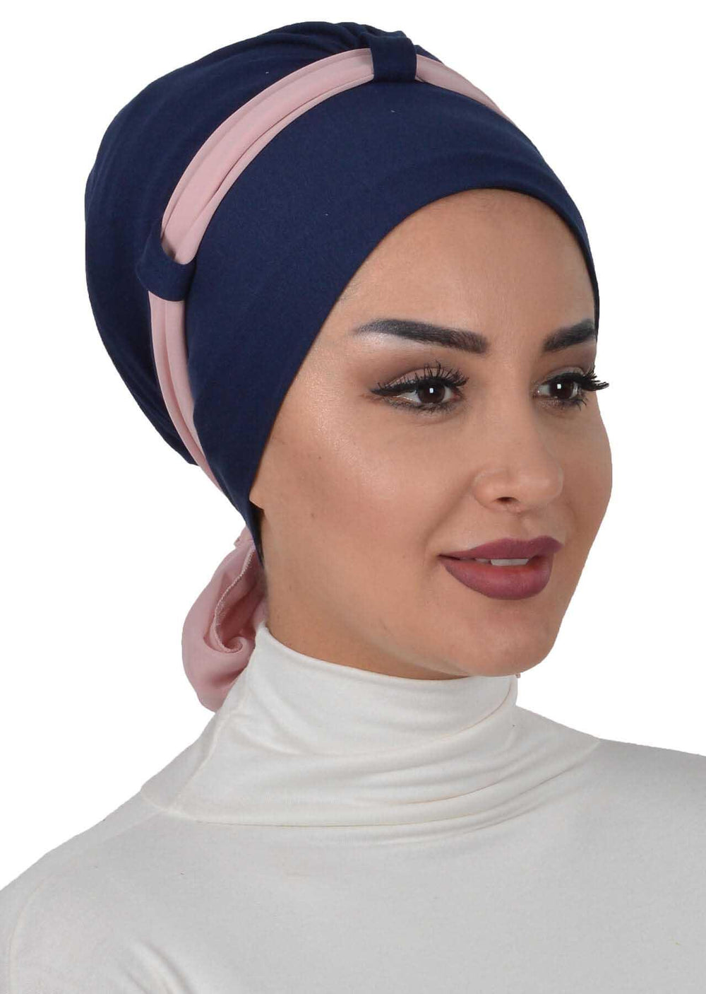 Dual Tone Instant Turban Bonnet with Chiffon Band, Fashionable Muslim Head Covering for Women, Ready-to-Wear Versatile Women Head Wrap,B-24 Navy Blue - Powder