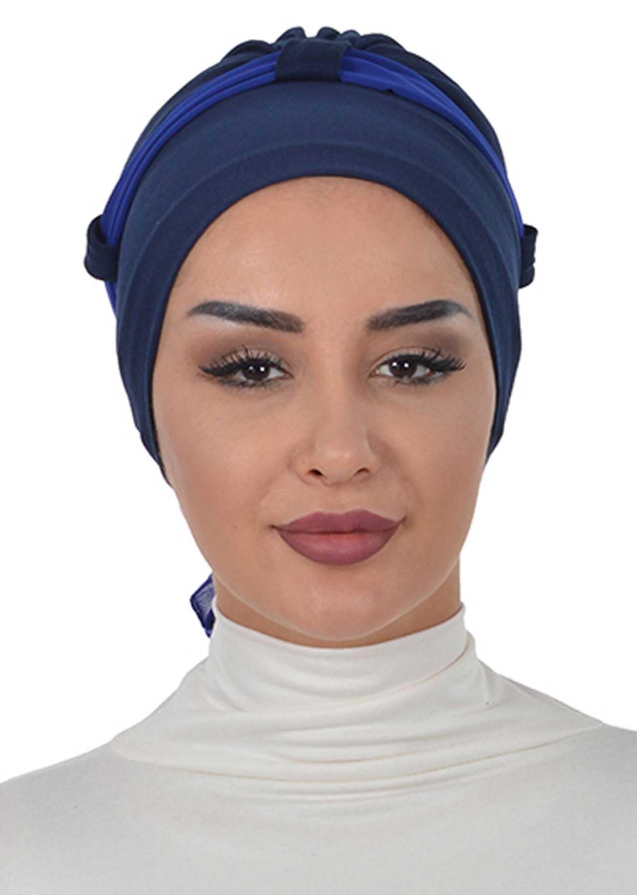 Dual Tone Instant Turban Bonnet with Chiffon Band, Fashionable Muslim Head Covering for Women, Ready-to-Wear Versatile Women Head Wrap,B-24 Navy Blue - Sax Blue