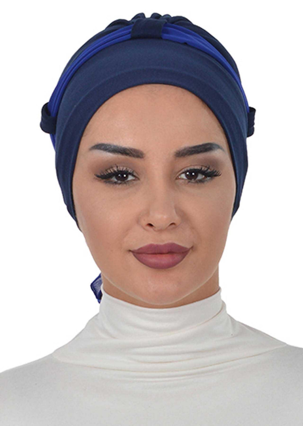 Dual Tone Instant Turban Bonnet with Chiffon Band, Fashionable Muslim Head Covering for Women, Ready-to-Wear Versatile Women Head Wrap,B-24 Navy Blue - Sax Blue
