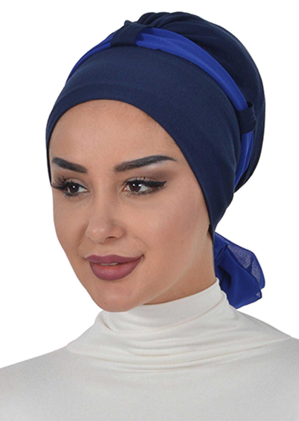 Dual Tone Instant Turban Bonnet with Chiffon Band, Fashionable Muslim Head Covering for Women, Ready-to-Wear Versatile Women Head Wrap,B-24 Navy Blue - Sax Blue