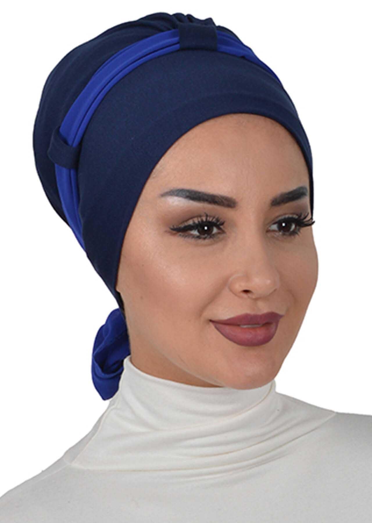 Dual Tone Instant Turban Bonnet with Chiffon Band, Fashionable Muslim Head Covering for Women, Ready-to-Wear Versatile Women Head Wrap,B-24 Navy Blue - Sax Blue