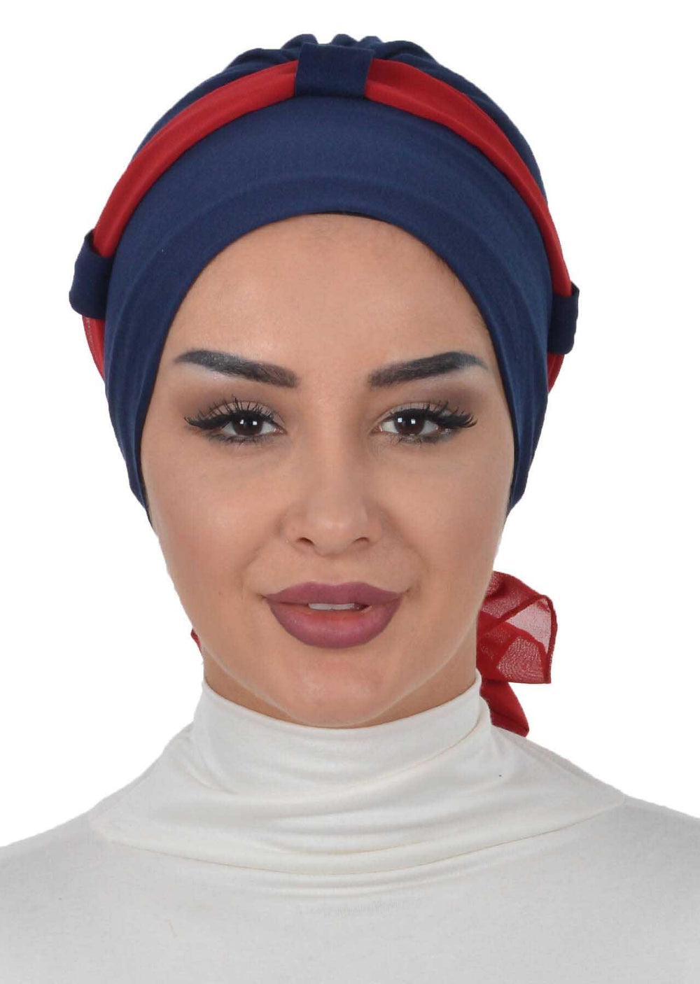 Dual Tone Instant Turban Bonnet with Chiffon Band, Fashionable Muslim Head Covering for Women, Ready-to-Wear Versatile Women Head Wrap,B-24 Navy Blue - Red