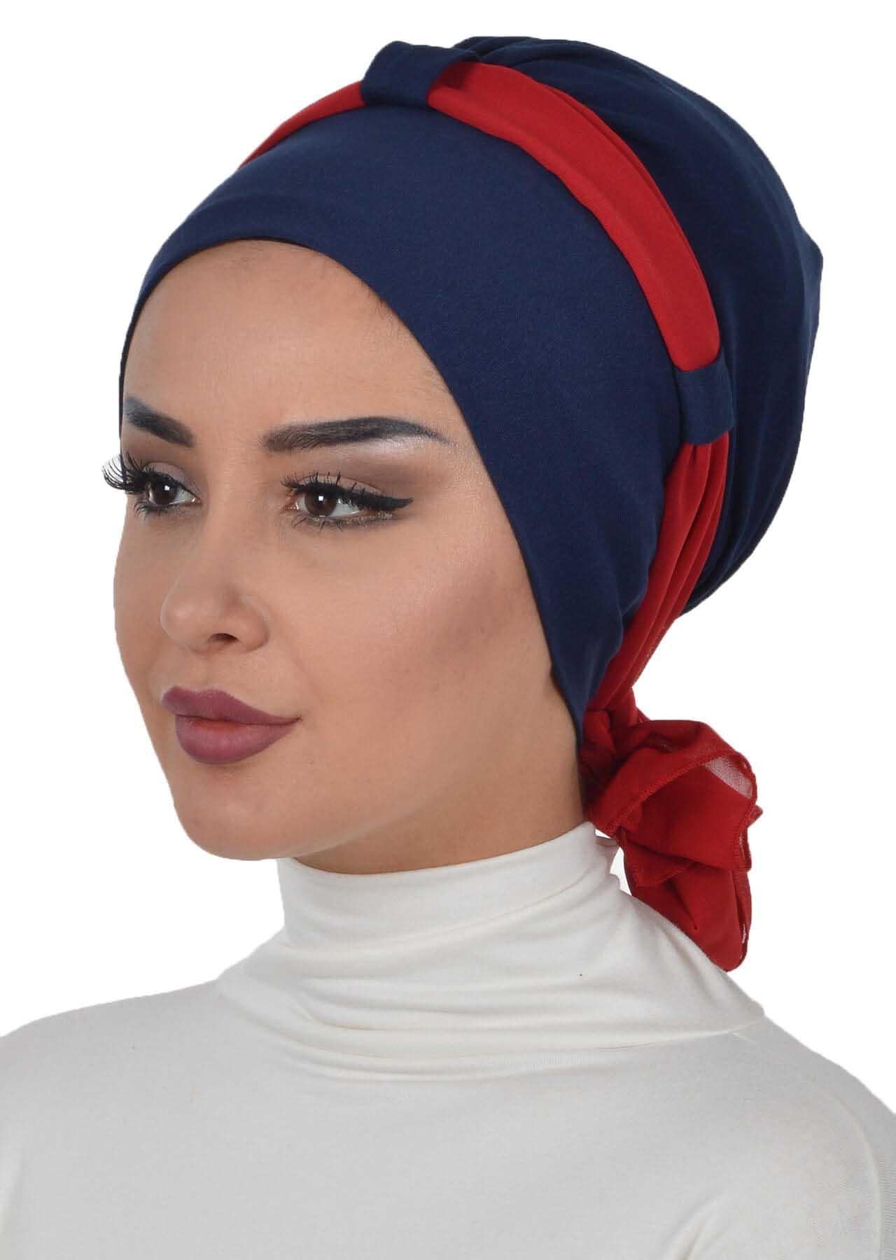 Dual Tone Instant Turban Bonnet with Chiffon Band, Fashionable Muslim Head Covering for Women, Ready-to-Wear Versatile Women Head Wrap,B-24 Navy Blue - Red