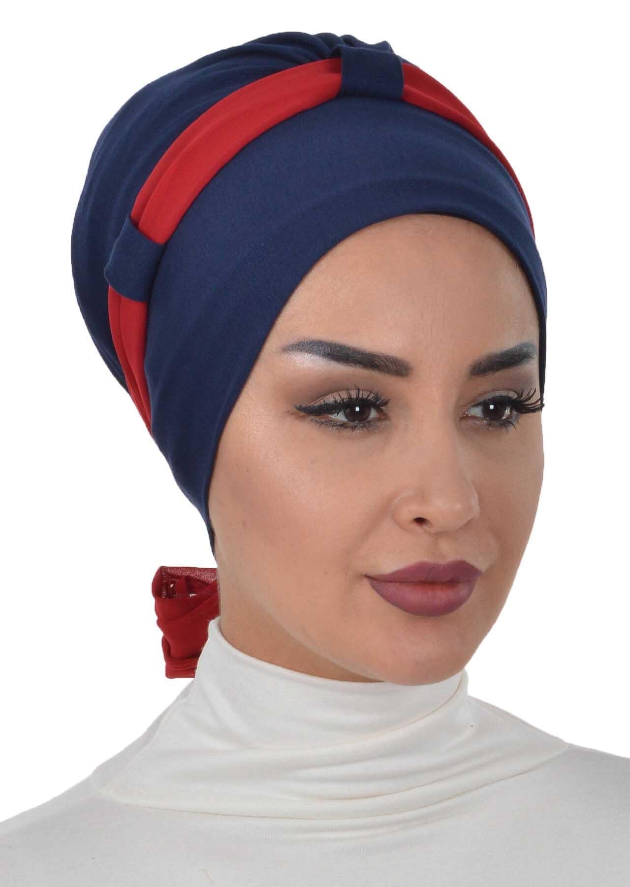 Dual Tone Instant Turban Bonnet with Chiffon Band, Fashionable Muslim Head Covering for Women, Ready-to-Wear Versatile Women Head Wrap,B-24 Navy Blue - Red