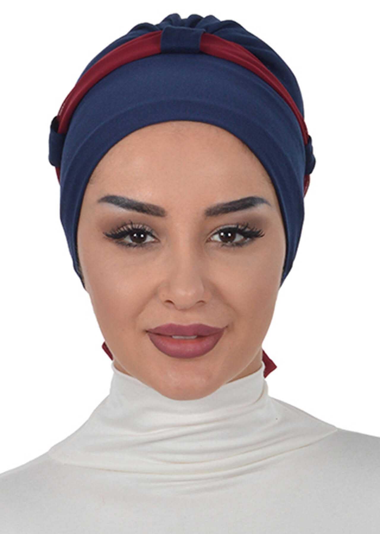 Dual Tone Instant Turban Bonnet with Chiffon Band, Fashionable Muslim Head Covering for Women, Ready-to-Wear Versatile Women Head Wrap,B-24 Navy Blue - Maroon