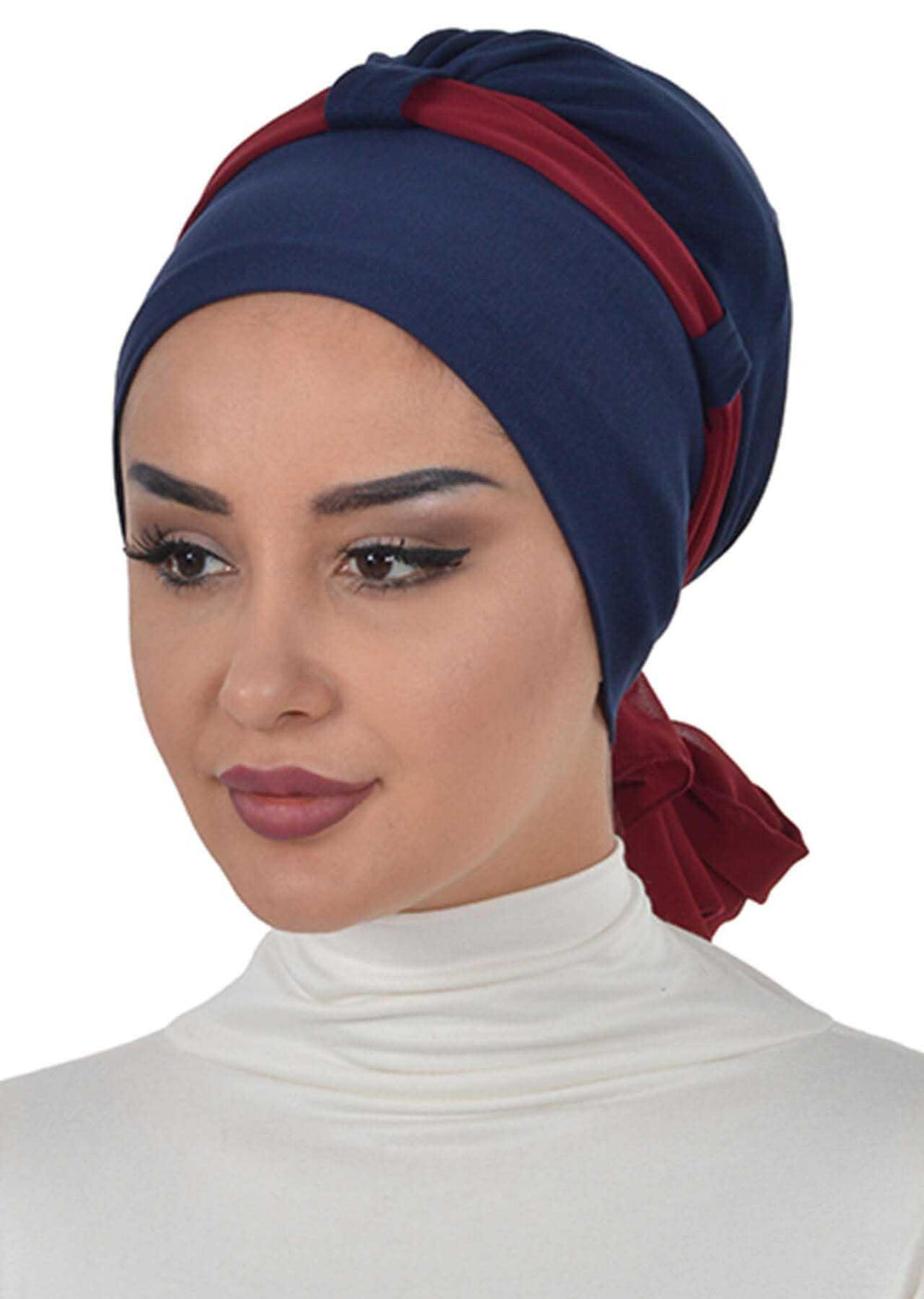 Dual Tone Instant Turban Bonnet with Chiffon Band, Fashionable Muslim Head Covering for Women, Ready-to-Wear Versatile Women Head Wrap,B-24 Navy Blue - Maroon