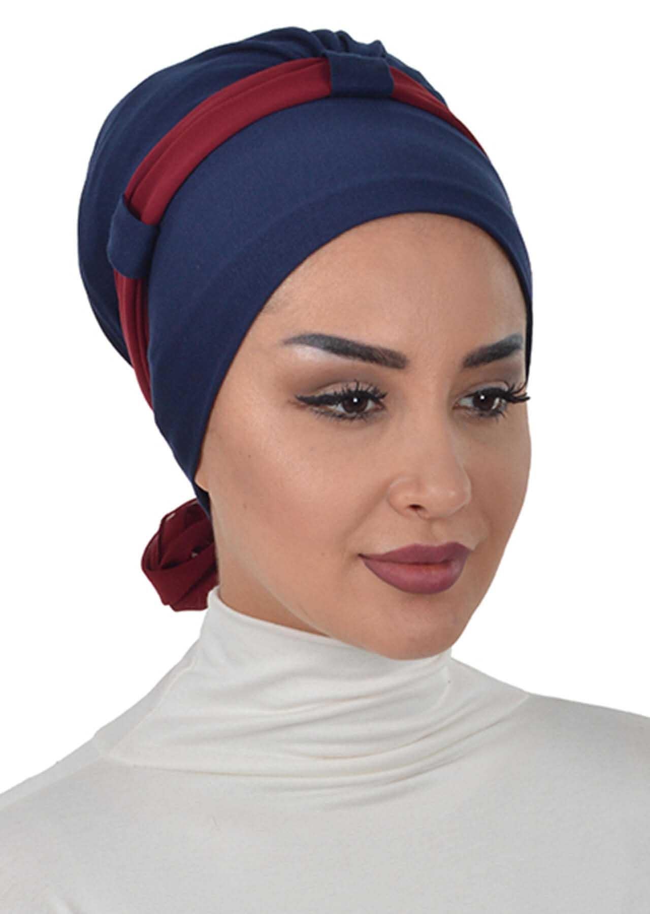 Dual Tone Instant Turban Bonnet with Chiffon Band, Fashionable Muslim Head Covering for Women, Ready-to-Wear Versatile Women Head Wrap,B-24 Navy Blue - Maroon