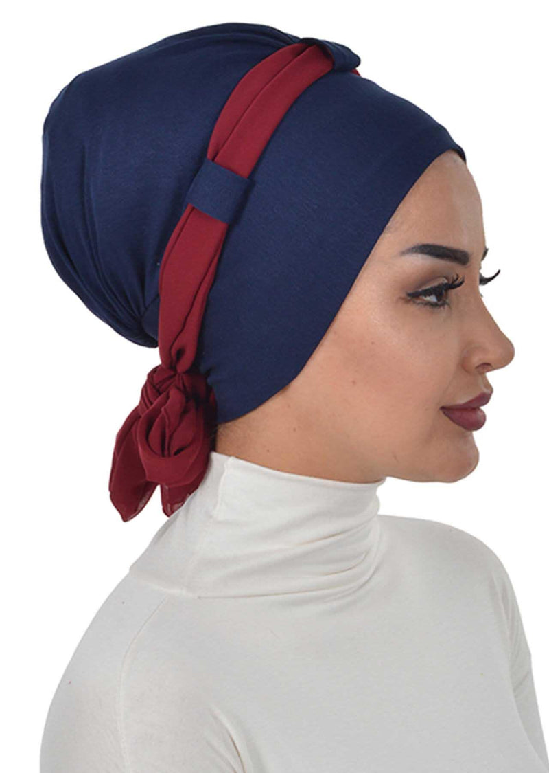 Dual Tone Instant Turban Bonnet with Chiffon Band, Fashionable Muslim Head Covering for Women, Ready-to-Wear Versatile Women Head Wrap,B-24