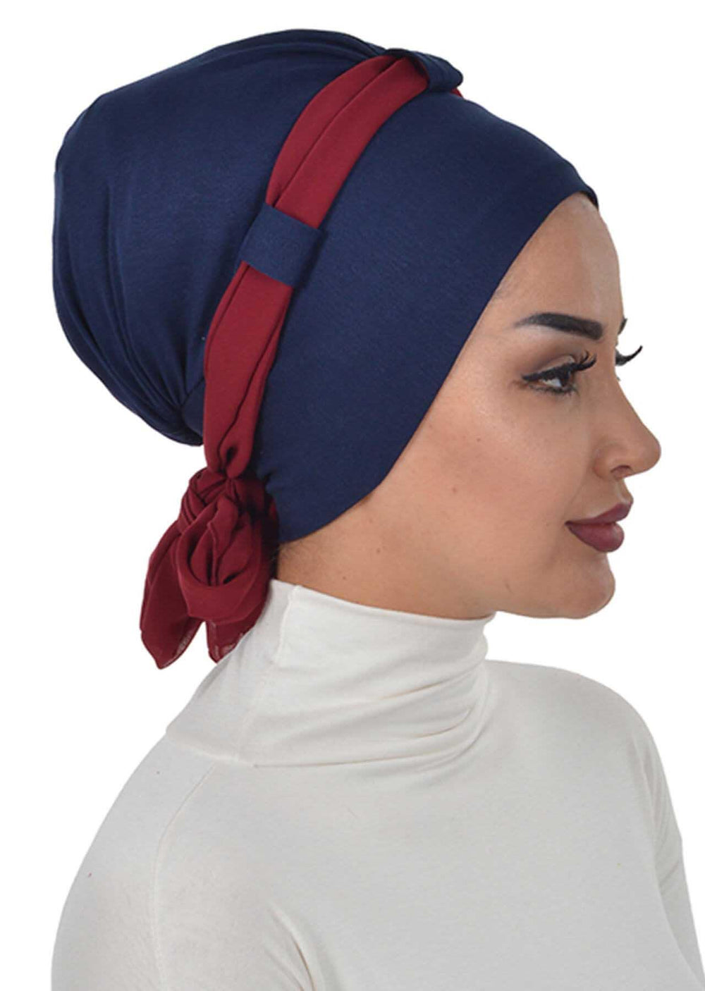 Dual Tone Instant Turban Bonnet with Chiffon Band, Fashionable Muslim Head Covering for Women, Ready-to-Wear Versatile Women Head Wrap,B-24 Navy Blue - Maroon