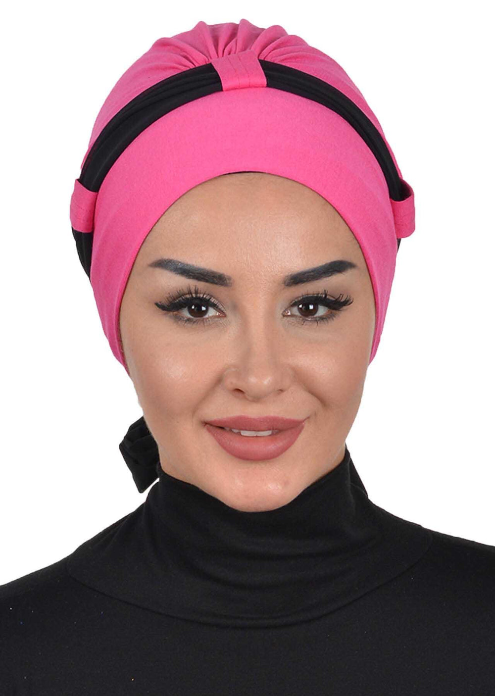 Dual Tone Instant Turban Bonnet with Chiffon Band, Fashionable Muslim Head Covering for Women, Ready-to-Wear Versatile Women Head Wrap,B-24 Fuchsia - Black