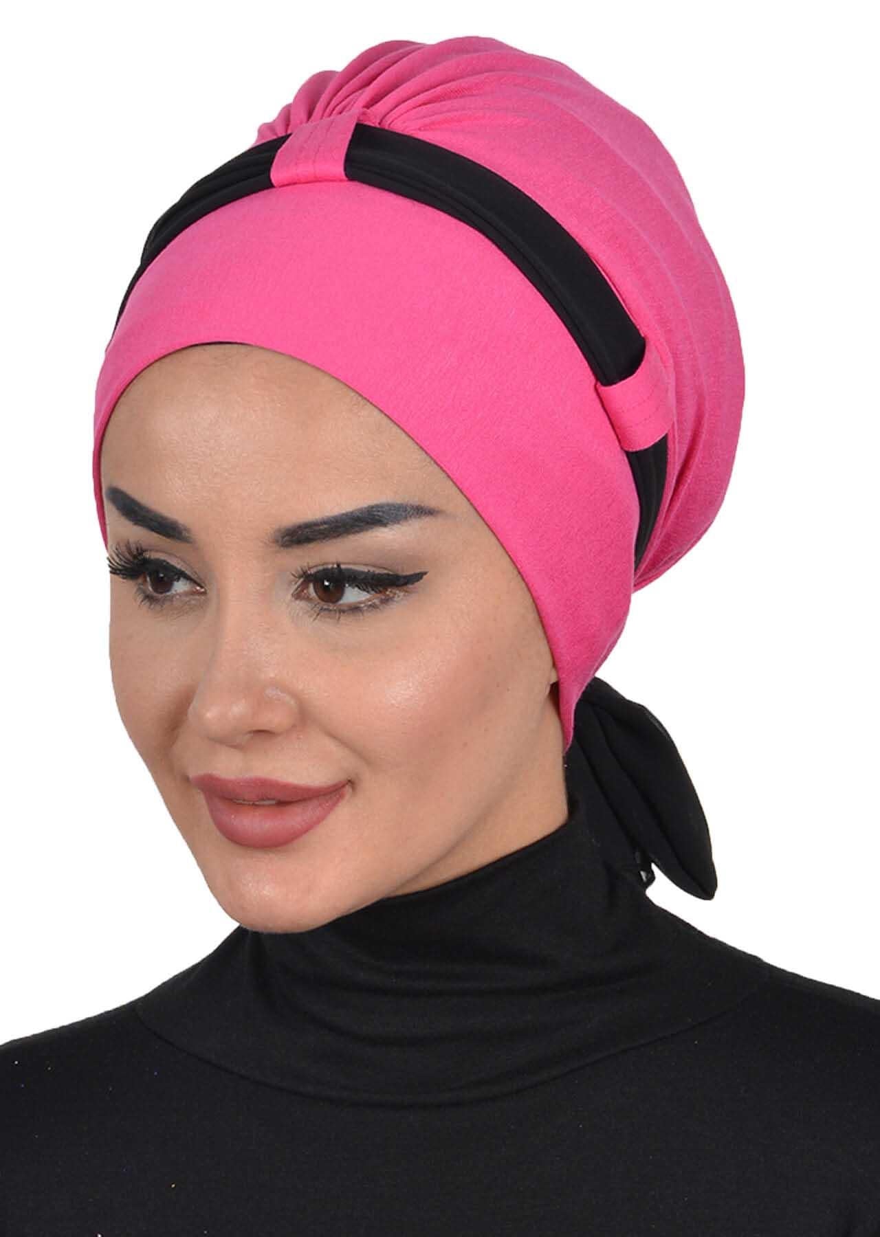 Dual Tone Instant Turban Bonnet with Chiffon Band, Fashionable Muslim Head Covering for Women, Ready-to-Wear Versatile Women Head Wrap,B-24 Fuchsia - Black
