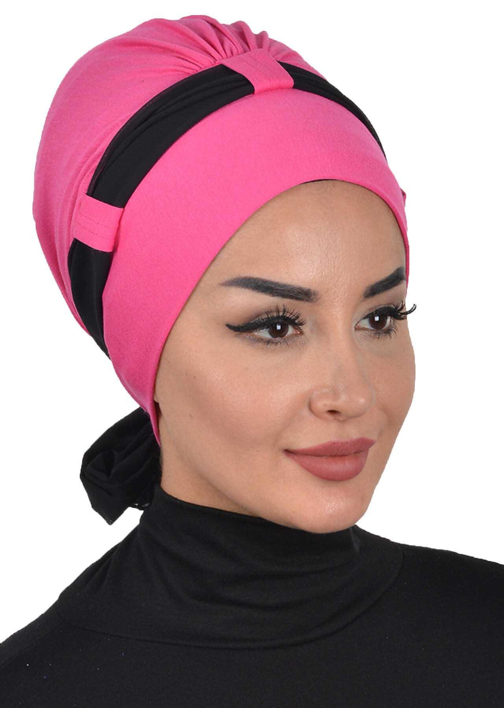 Dual Tone Instant Turban Bonnet with Chiffon Band, Fashionable Muslim Head Covering for Women, Ready-to-Wear Versatile Women Head Wrap,B-24 Fuchsia - Black
