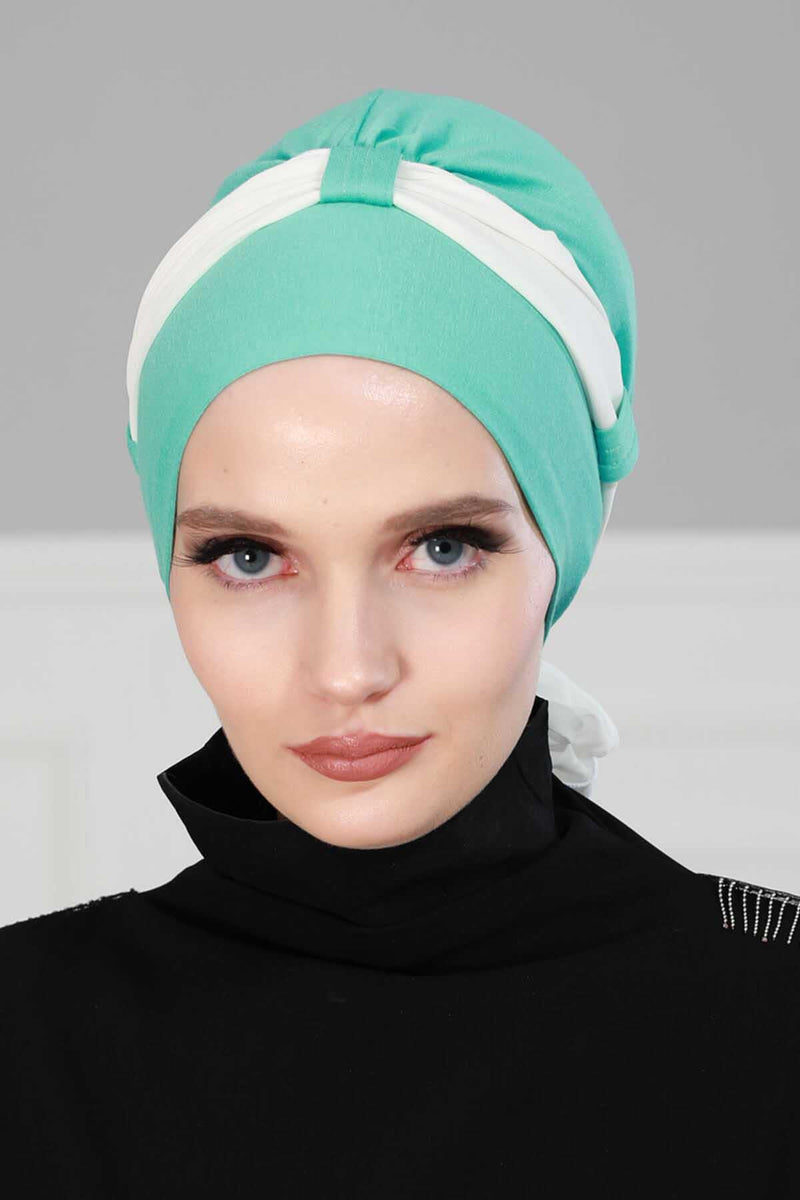 Dual Tone Instant Turban Bonnet with Chiffon Band, Fashionable Muslim Head Covering for Women, Ready-to-Wear Versatile Women Head Wrap,B-24