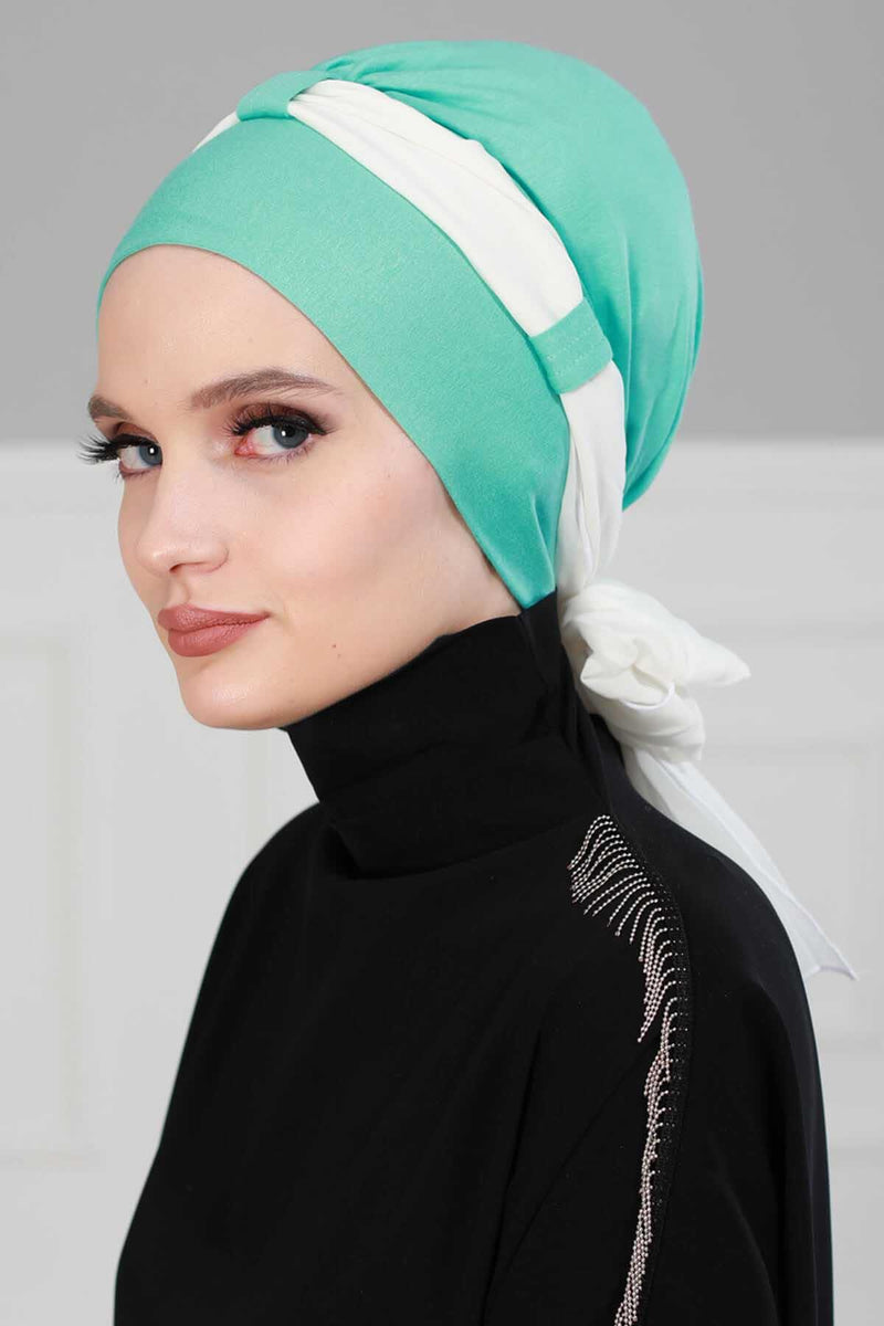 Dual Tone Instant Turban Bonnet with Chiffon Band, Fashionable Muslim Head Covering for Women, Ready-to-Wear Versatile Women Head Wrap,B-24