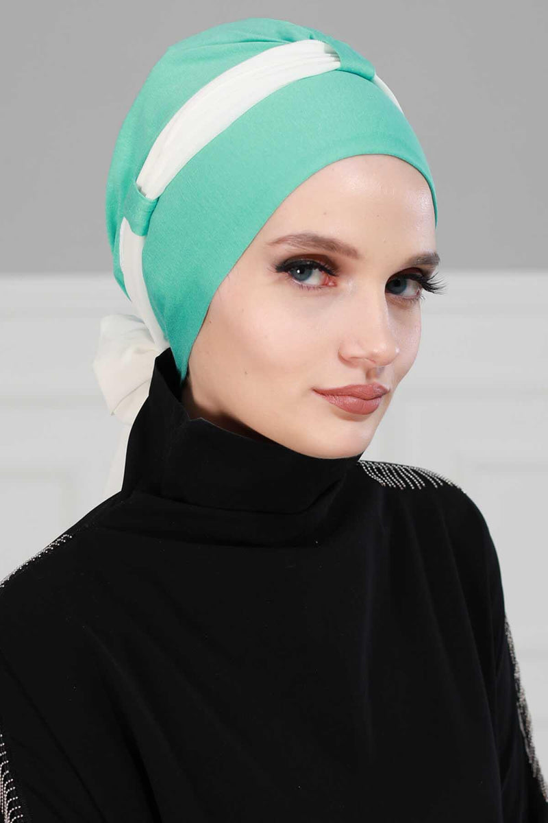 Dual Tone Instant Turban Bonnet with Chiffon Band, Fashionable Muslim Head Covering for Women, Ready-to-Wear Versatile Women Head Wrap,B-24