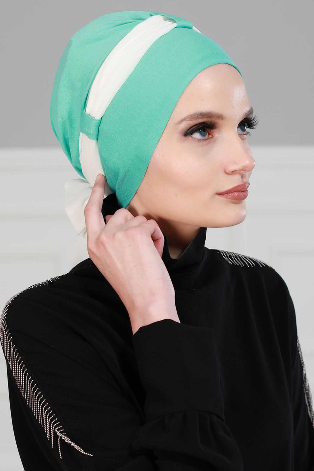 Dual Tone Instant Turban Bonnet with Chiffon Band, Fashionable Muslim Head Covering for Women, Ready-to-Wear Versatile Women Head Wrap,B-24 Fuchsia - Black