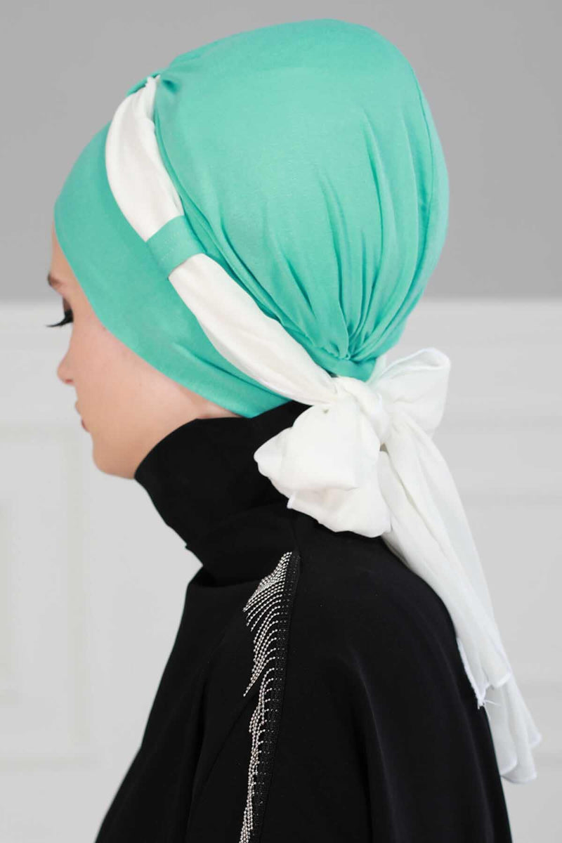 Dual Tone Instant Turban Bonnet with Chiffon Band, Fashionable Muslim Head Covering for Women, Ready-to-Wear Versatile Women Head Wrap,B-24