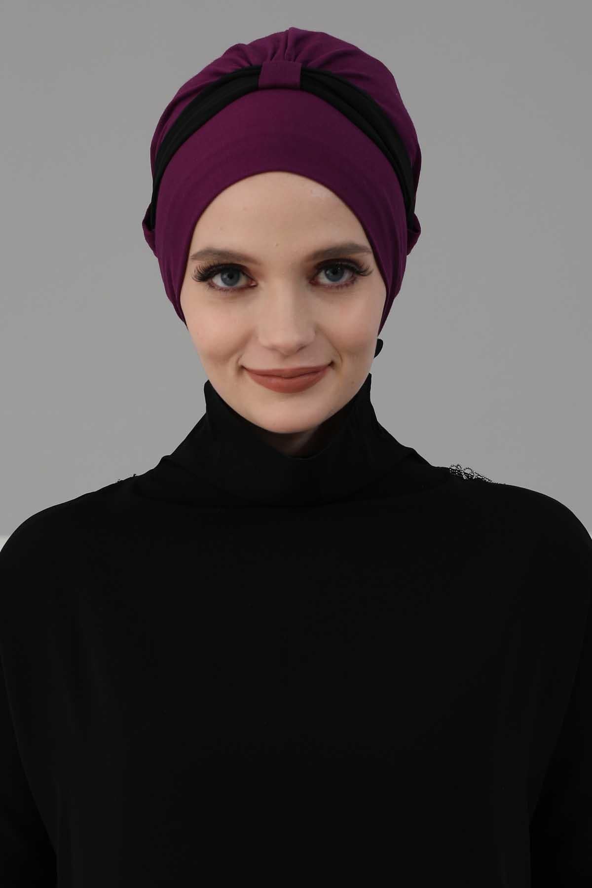 Dual Tone Instant Turban Bonnet with Chiffon Band, Fashionable Muslim Head Covering for Women, Ready-to-Wear Versatile Women Head Wrap,B-24 Fuchsia - Black
