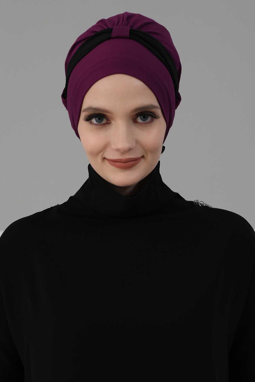 Dual Tone Instant Turban Bonnet with Chiffon Band, Fashionable Muslim Head Covering for Women, Ready-to-Wear Versatile Women Head Wrap,B-24 Fuchsia - Black