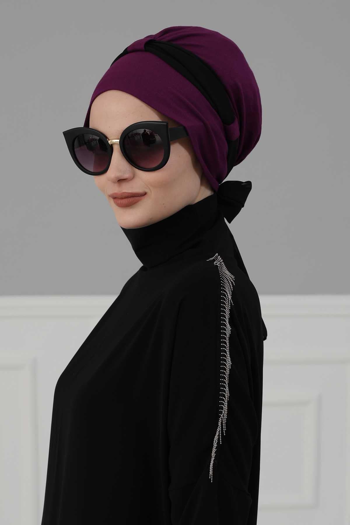 Dual Tone Instant Turban Bonnet with Chiffon Band, Fashionable Muslim Head Covering for Women, Ready-to-Wear Versatile Women Head Wrap,B-24 Fuchsia - Black