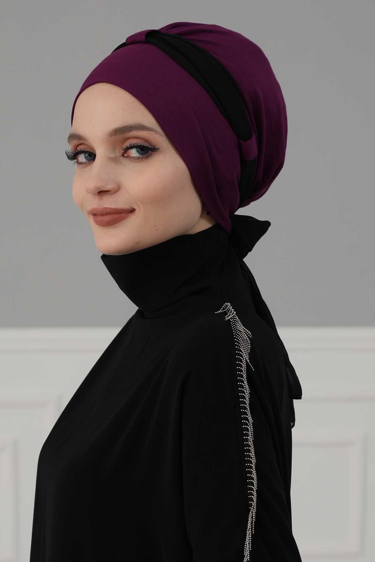 Dual Tone Instant Turban Bonnet with Chiffon Band, Fashionable Muslim Head Covering for Women, Ready-to-Wear Versatile Women Head Wrap,B-24 Fuchsia - Black