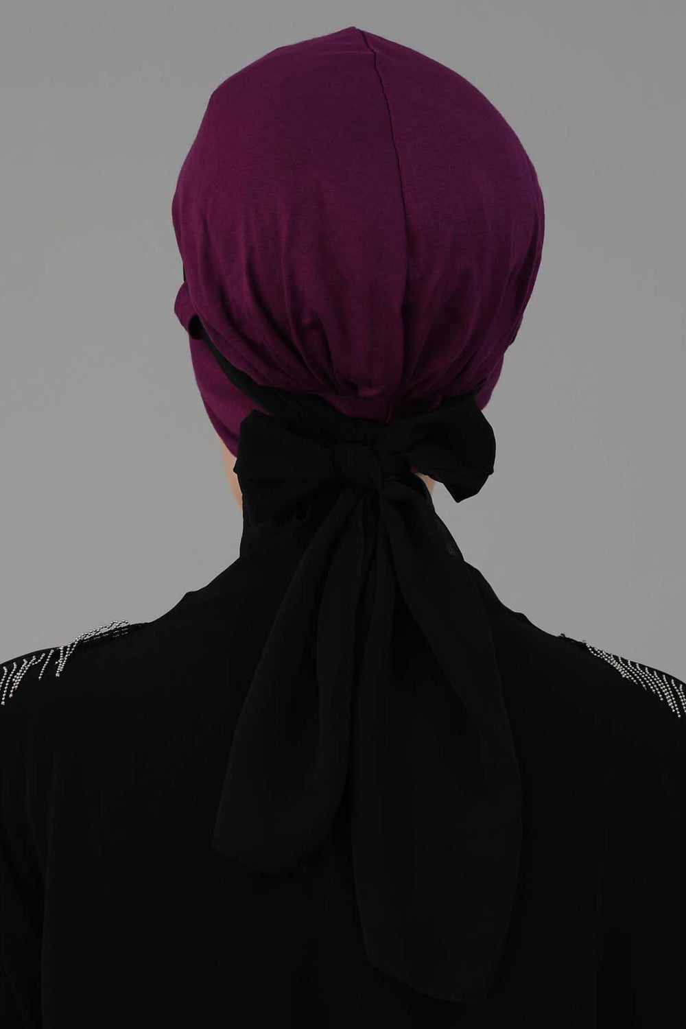 Dual Tone Instant Turban Bonnet with Chiffon Band, Fashionable Muslim Head Covering for Women, Ready-to-Wear Versatile Women Head Wrap,B-24 Fuchsia - Black
