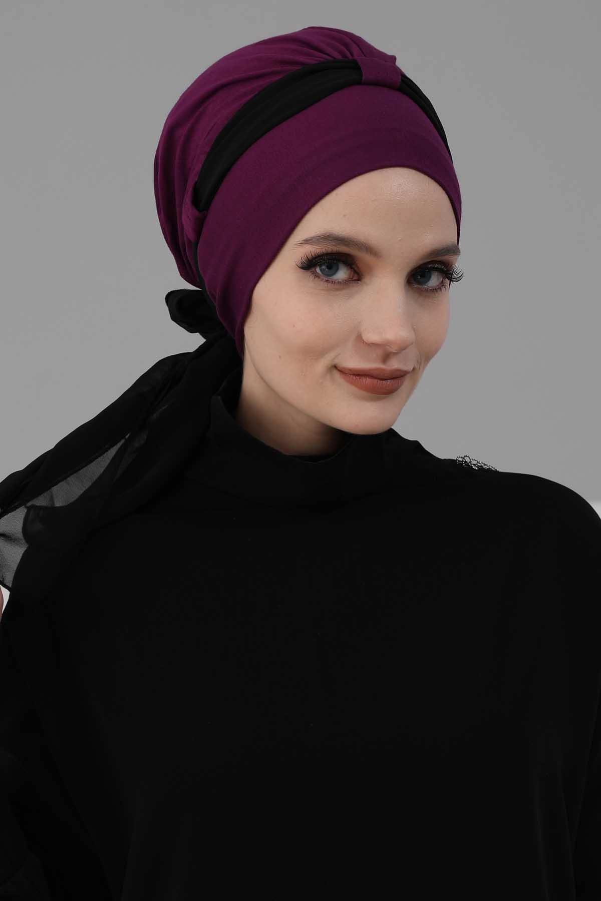 Dual Tone Instant Turban Bonnet with Chiffon Band, Fashionable Muslim Head Covering for Women, Ready-to-Wear Versatile Women Head Wrap,B-24 Fuchsia - Black