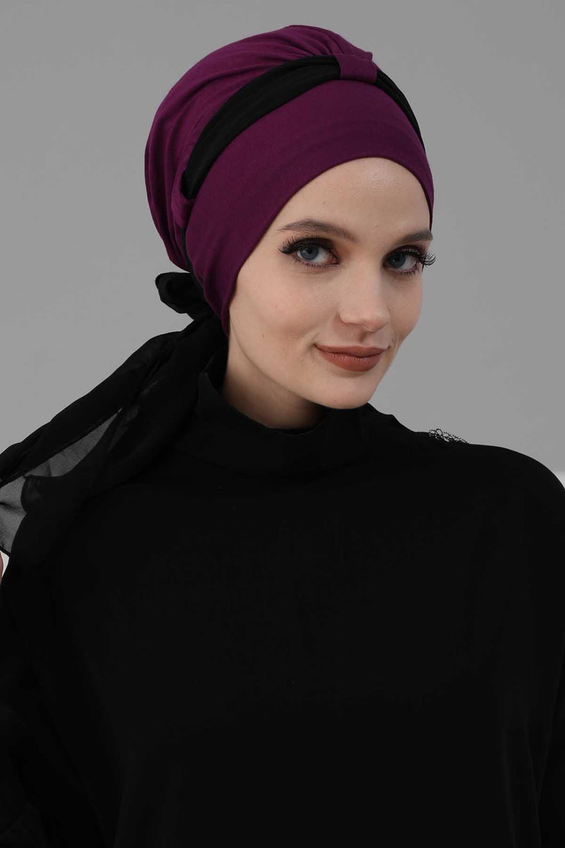 Dual Tone Instant Turban Bonnet with Chiffon Band, Fashionable Muslim Head Covering for Women, Ready-to-Wear Versatile Women Head Wrap,B-24