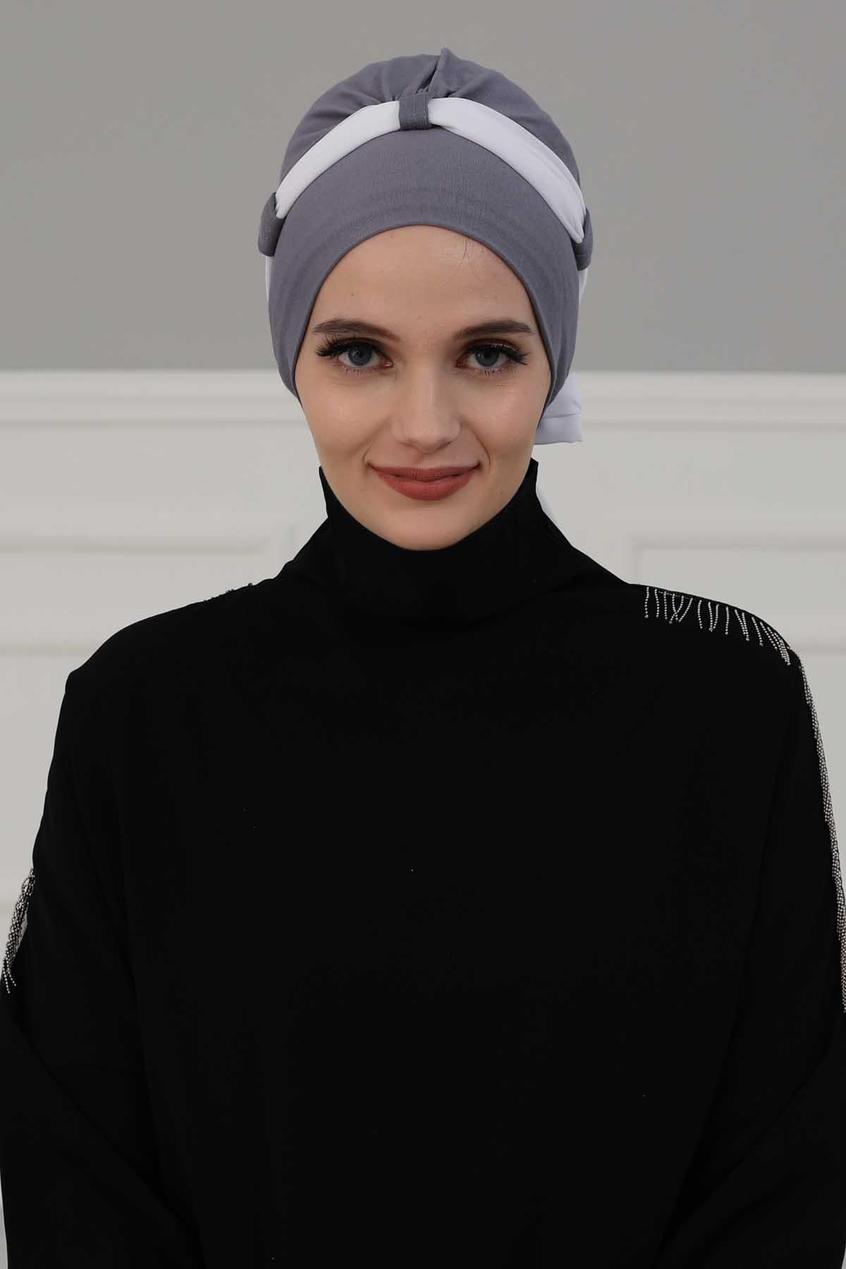 Dual Tone Instant Turban Bonnet with Chiffon Band, Fashionable Muslim Head Covering for Women, Ready-to-Wear Versatile Women Head Wrap,B-24 Fuchsia - Black