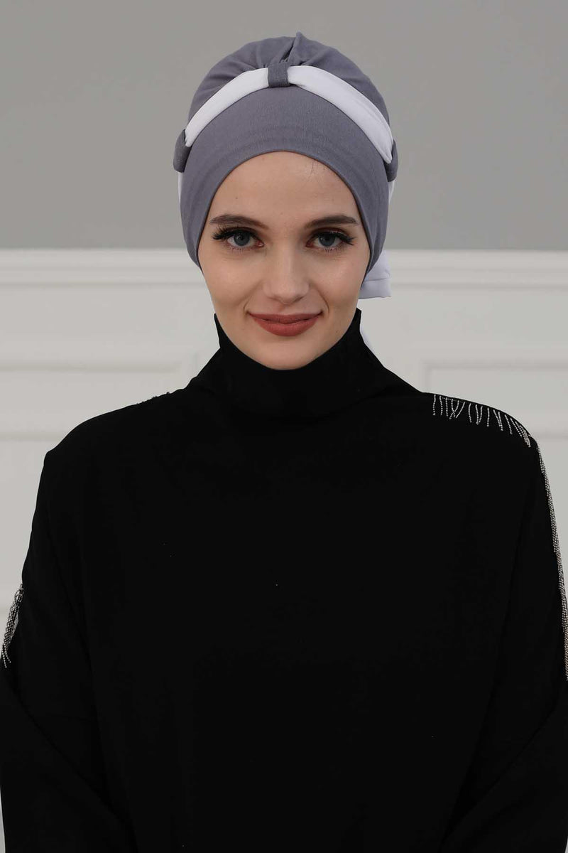Dual Tone Instant Turban Bonnet with Chiffon Band, Fashionable Muslim Head Covering for Women, Ready-to-Wear Versatile Women Head Wrap,B-24