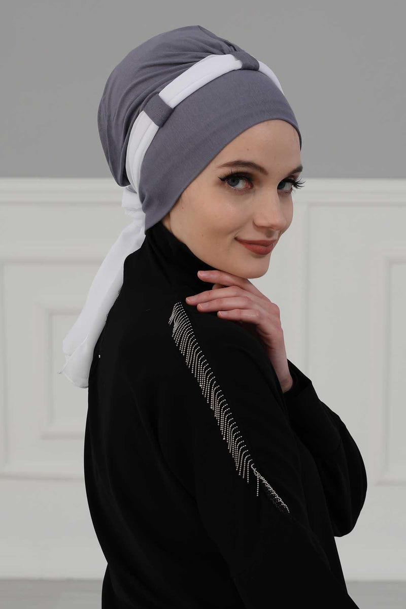 Dual Tone Instant Turban Bonnet with Chiffon Band, Fashionable Muslim Head Covering for Women, Ready-to-Wear Versatile Women Head Wrap,B-24