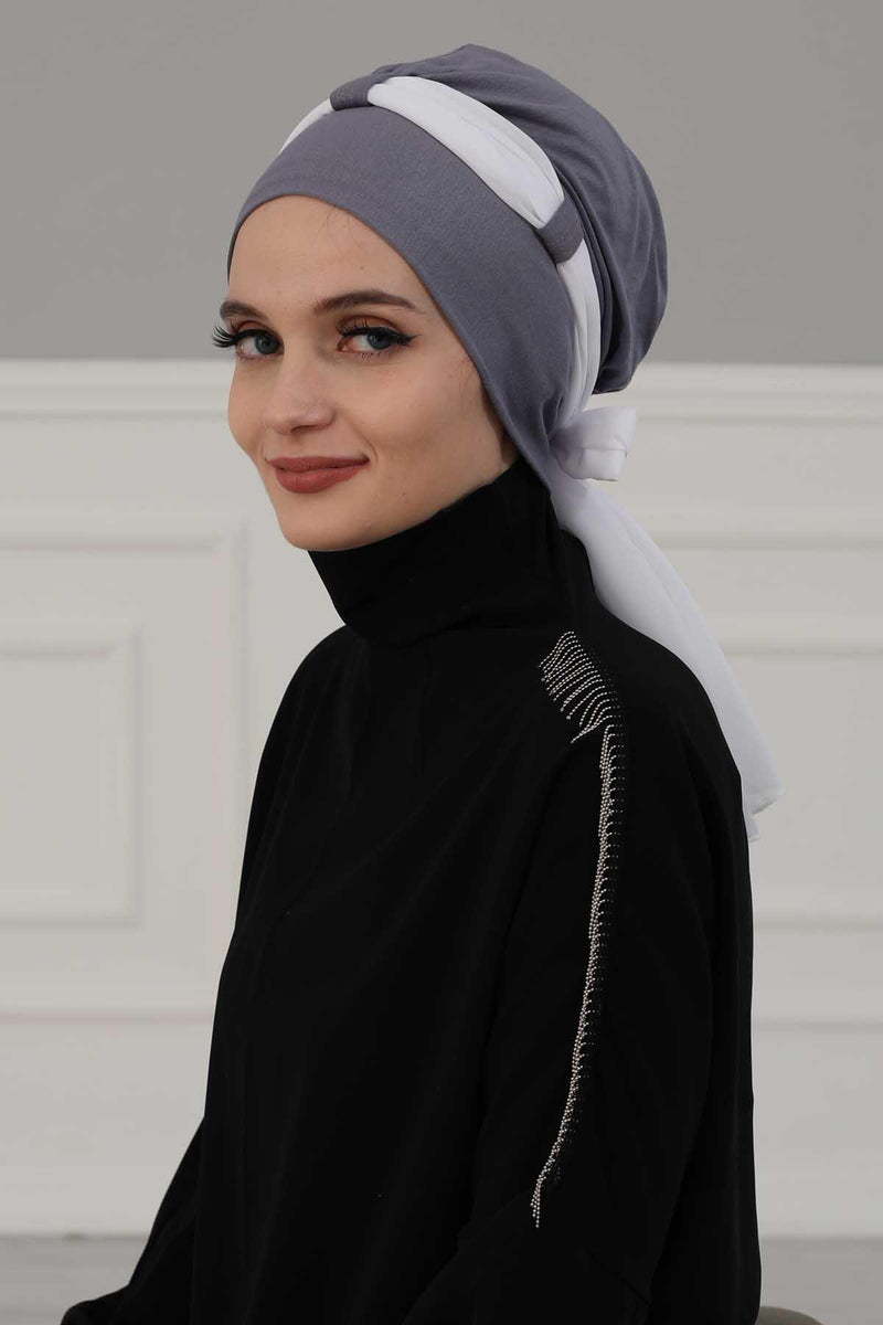 Dual Tone Instant Turban Bonnet with Chiffon Band, Fashionable Muslim Head Covering for Women, Ready-to-Wear Versatile Women Head Wrap,B-24