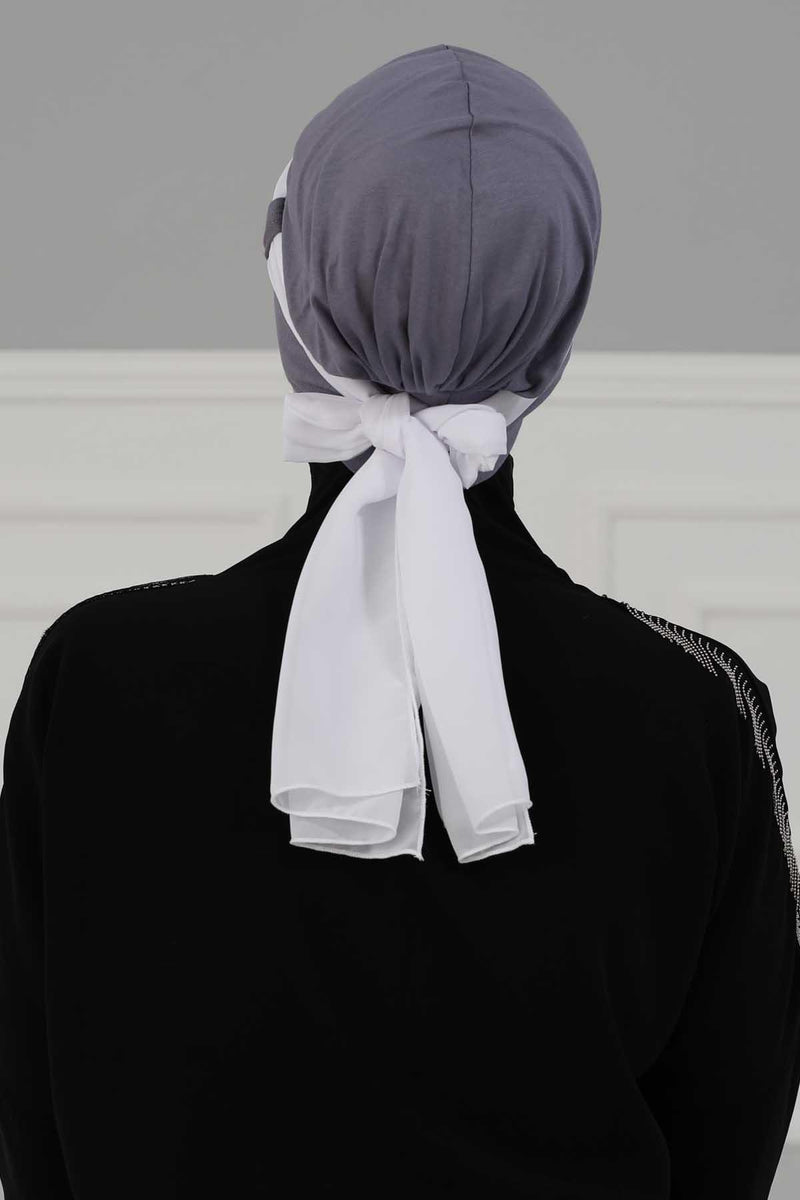 Dual Tone Instant Turban Bonnet with Chiffon Band, Fashionable Muslim Head Covering for Women, Ready-to-Wear Versatile Women Head Wrap,B-24