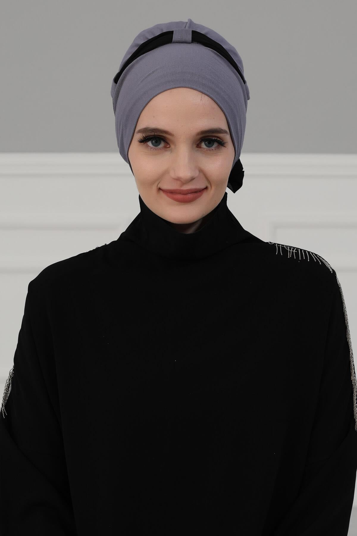 Dual Tone Instant Turban Bonnet with Chiffon Band, Fashionable Muslim Head Covering for Women, Ready-to-Wear Versatile Women Head Wrap,B-24 Fuchsia - Black