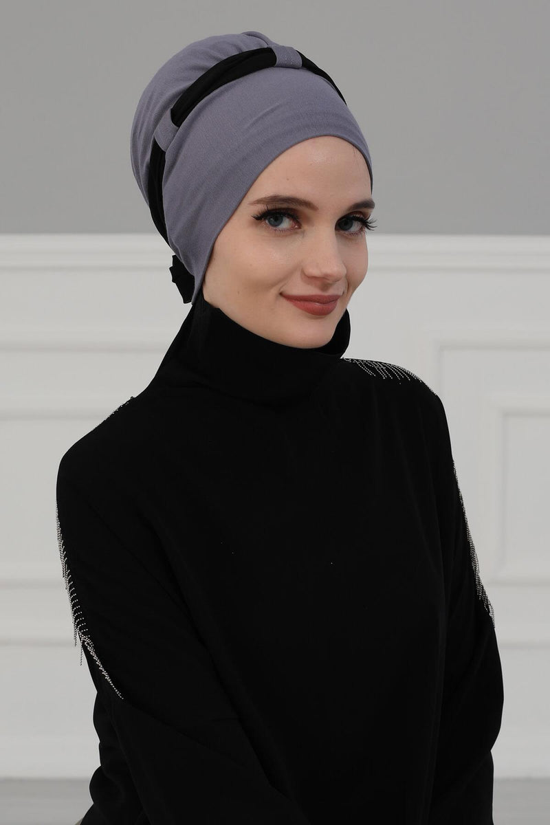 Dual Tone Instant Turban Bonnet with Chiffon Band, Fashionable Muslim Head Covering for Women, Ready-to-Wear Versatile Women Head Wrap,B-24
