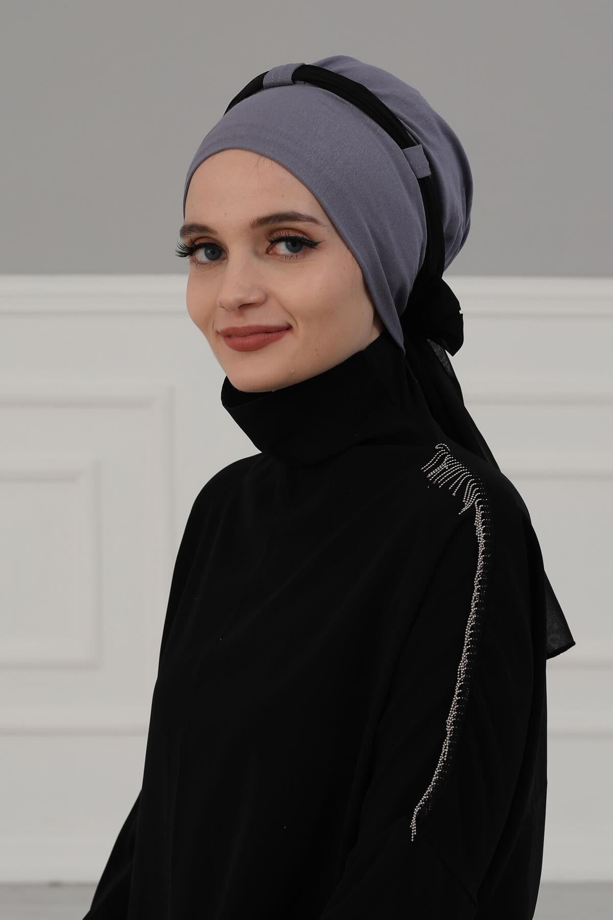 Dual Tone Instant Turban Bonnet with Chiffon Band, Fashionable Muslim Head Covering for Women, Ready-to-Wear Versatile Women Head Wrap,B-24 Fuchsia - Black