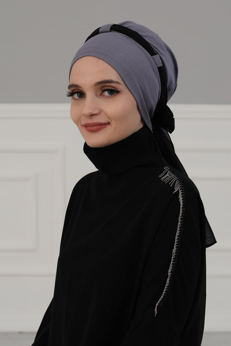 Dual Tone Instant Turban Bonnet with Chiffon Band, Fashionable Muslim Head Covering for Women, Ready-to-Wear Versatile Women Head Wrap,B-24