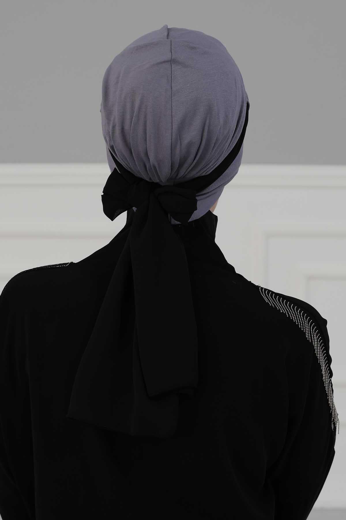 Dual Tone Instant Turban Bonnet with Chiffon Band, Fashionable Muslim Head Covering for Women, Ready-to-Wear Versatile Women Head Wrap,B-24 Fuchsia - Black