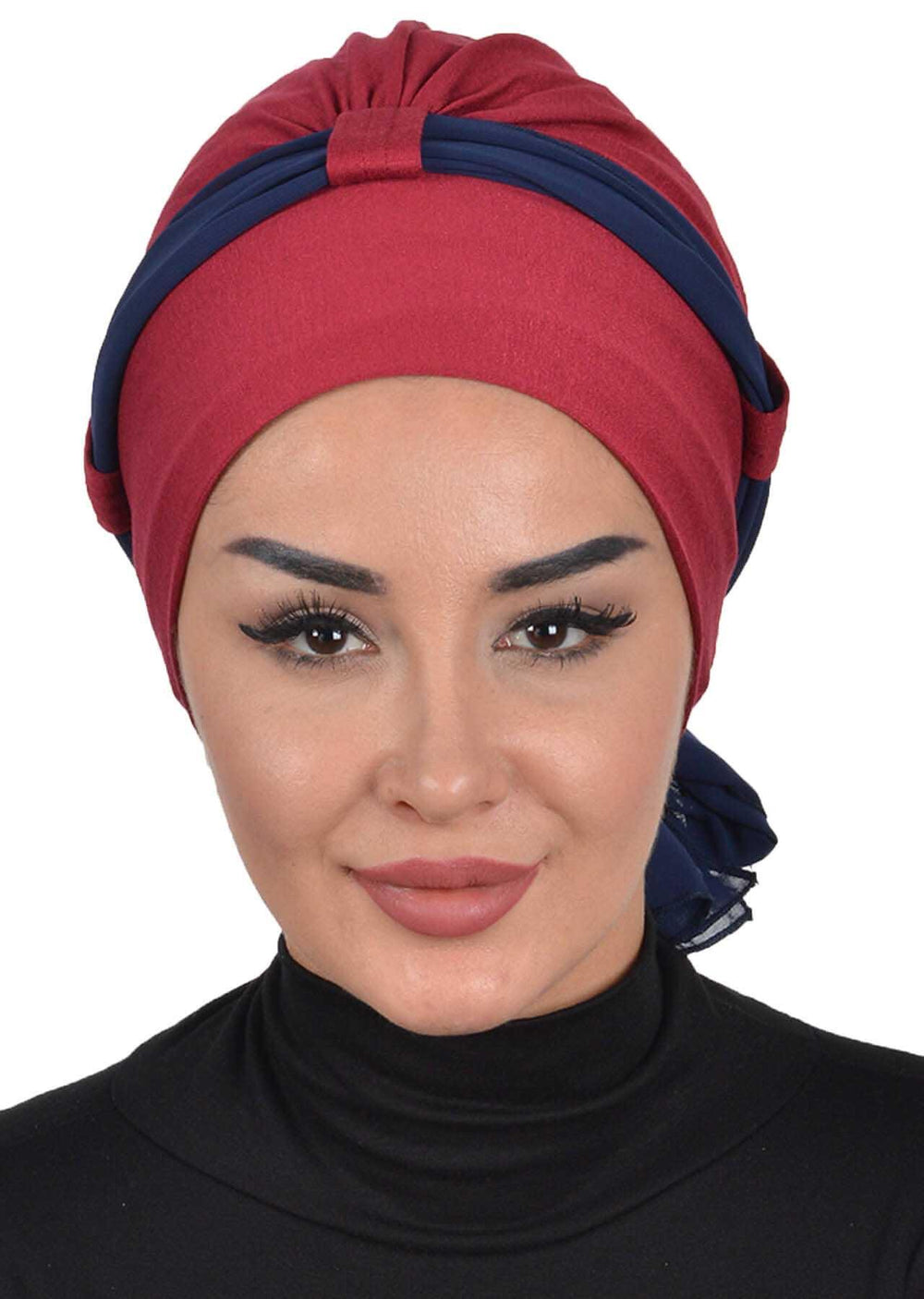 Dual Tone Instant Turban Bonnet with Chiffon Band, Fashionable Muslim Head Covering for Women, Ready-to-Wear Versatile Women Head Wrap,B-24 Maroon - Navy Blue
