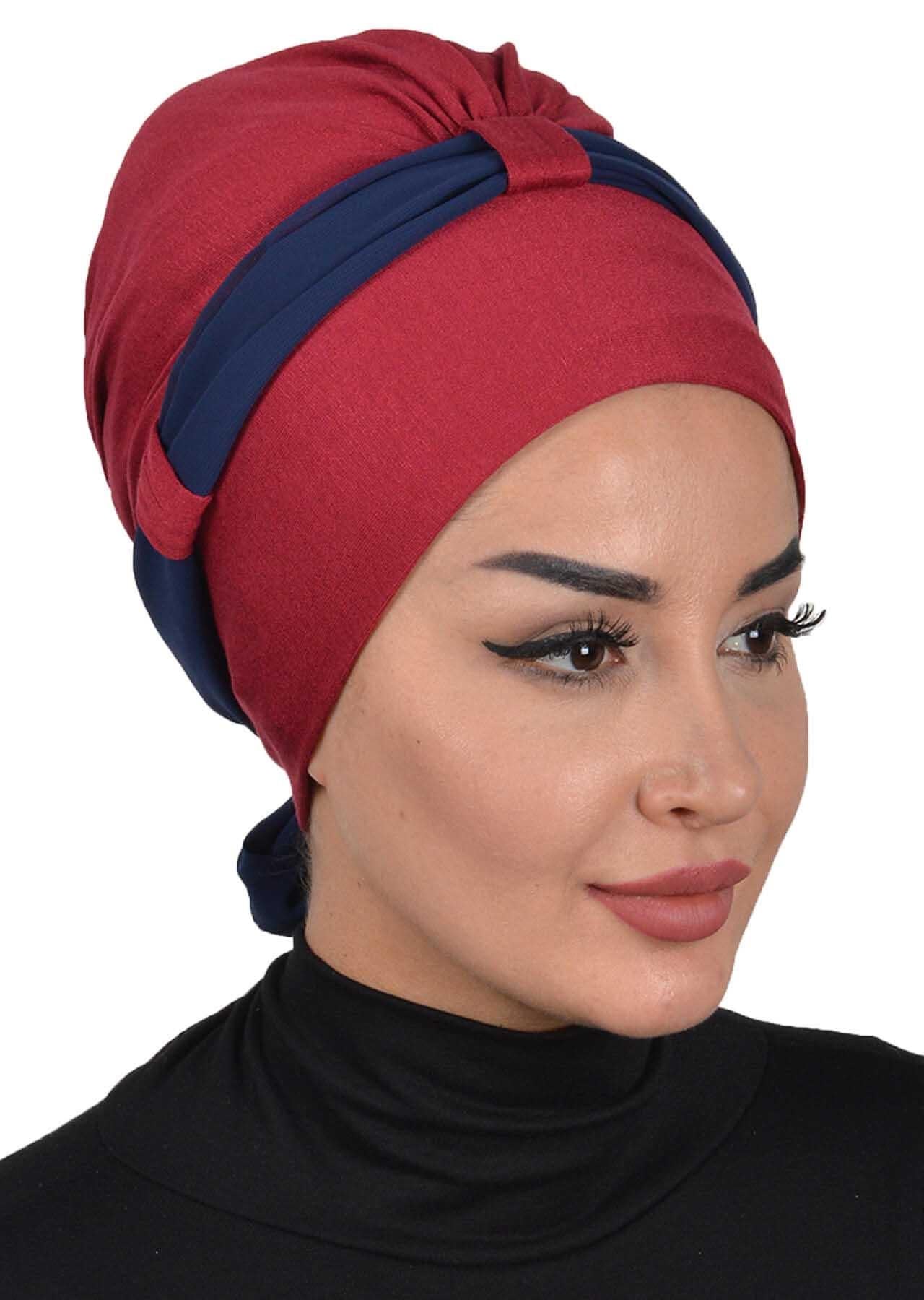 Dual Tone Instant Turban Bonnet with Chiffon Band, Fashionable Muslim Head Covering for Women, Ready-to-Wear Versatile Women Head Wrap,B-24 Maroon - Navy Blue