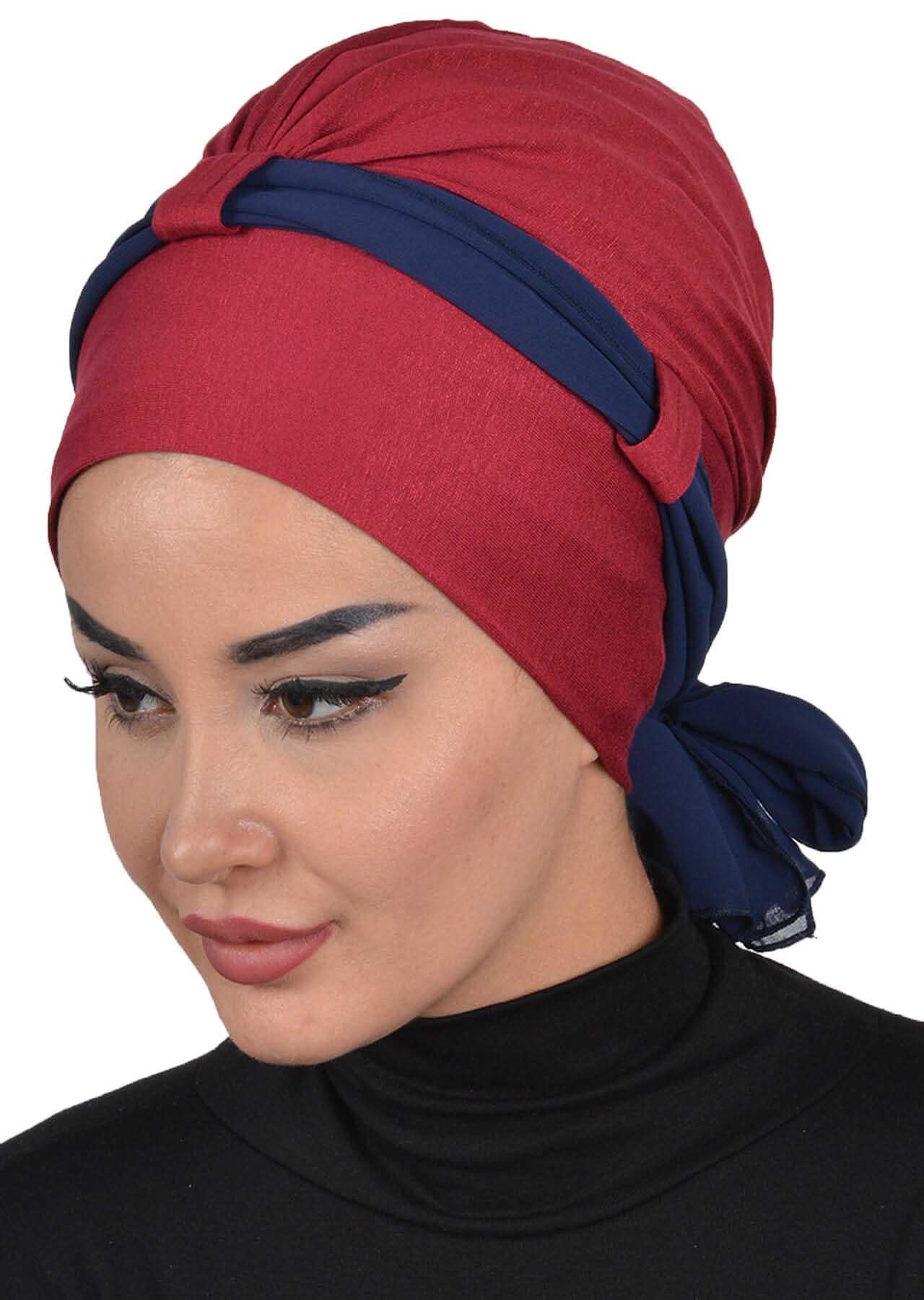 Dual Tone Instant Turban Bonnet with Chiffon Band, Fashionable Muslim Head Covering for Women, Ready-to-Wear Versatile Women Head Wrap,B-24 Maroon - Navy Blue