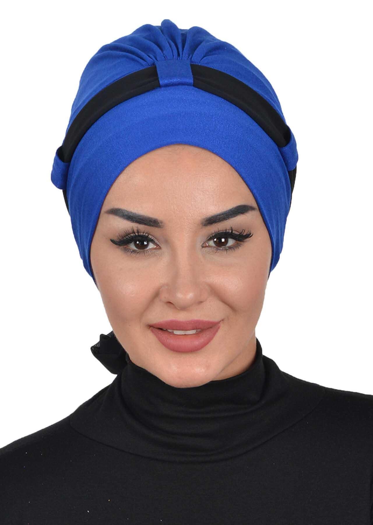Dual Tone Instant Turban Bonnet with Chiffon Band, Fashionable Muslim Head Covering for Women, Ready-to-Wear Versatile Women Head Wrap,B-24 Sax Blue - Black