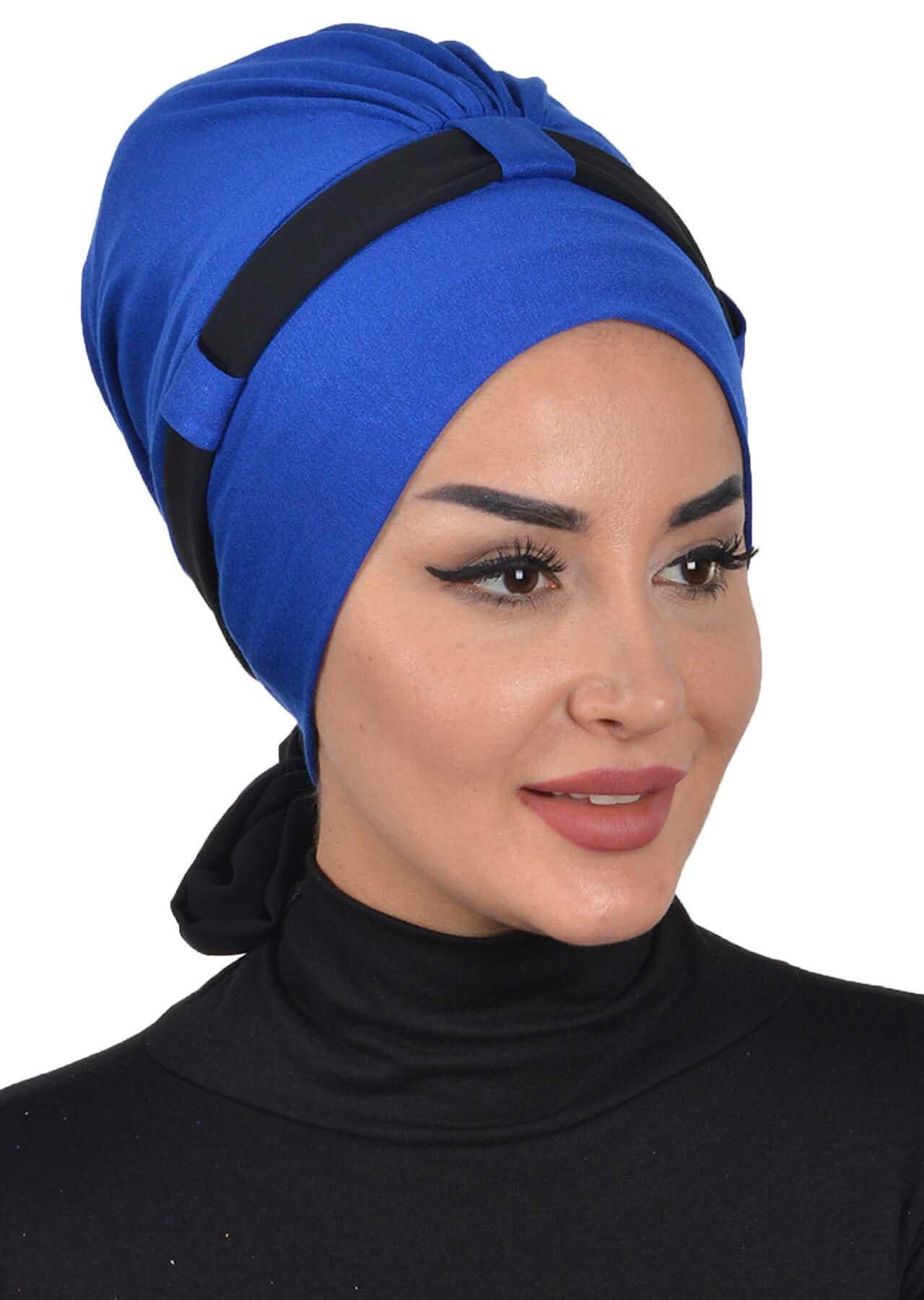 Dual Tone Instant Turban Bonnet with Chiffon Band, Fashionable Muslim Head Covering for Women, Ready-to-Wear Versatile Women Head Wrap,B-24 Sax Blue - Black