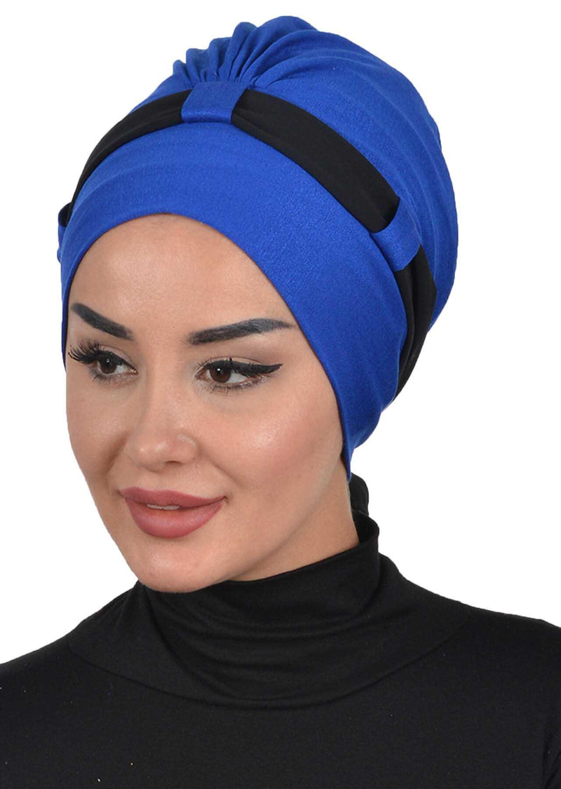 Dual Tone Instant Turban Bonnet with Chiffon Band, Fashionable Muslim Head Covering for Women, Ready-to-Wear Versatile Women Head Wrap,B-24
