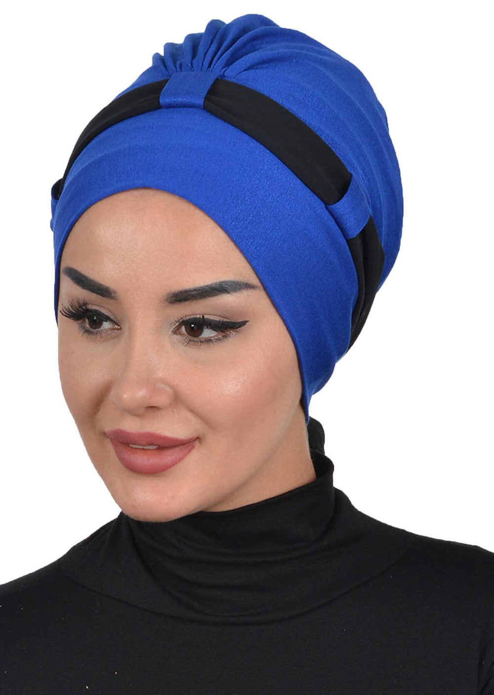 Dual Tone Instant Turban Bonnet with Chiffon Band, Fashionable Muslim Head Covering for Women, Ready-to-Wear Versatile Women Head Wrap,B-24 Sax Blue - Black