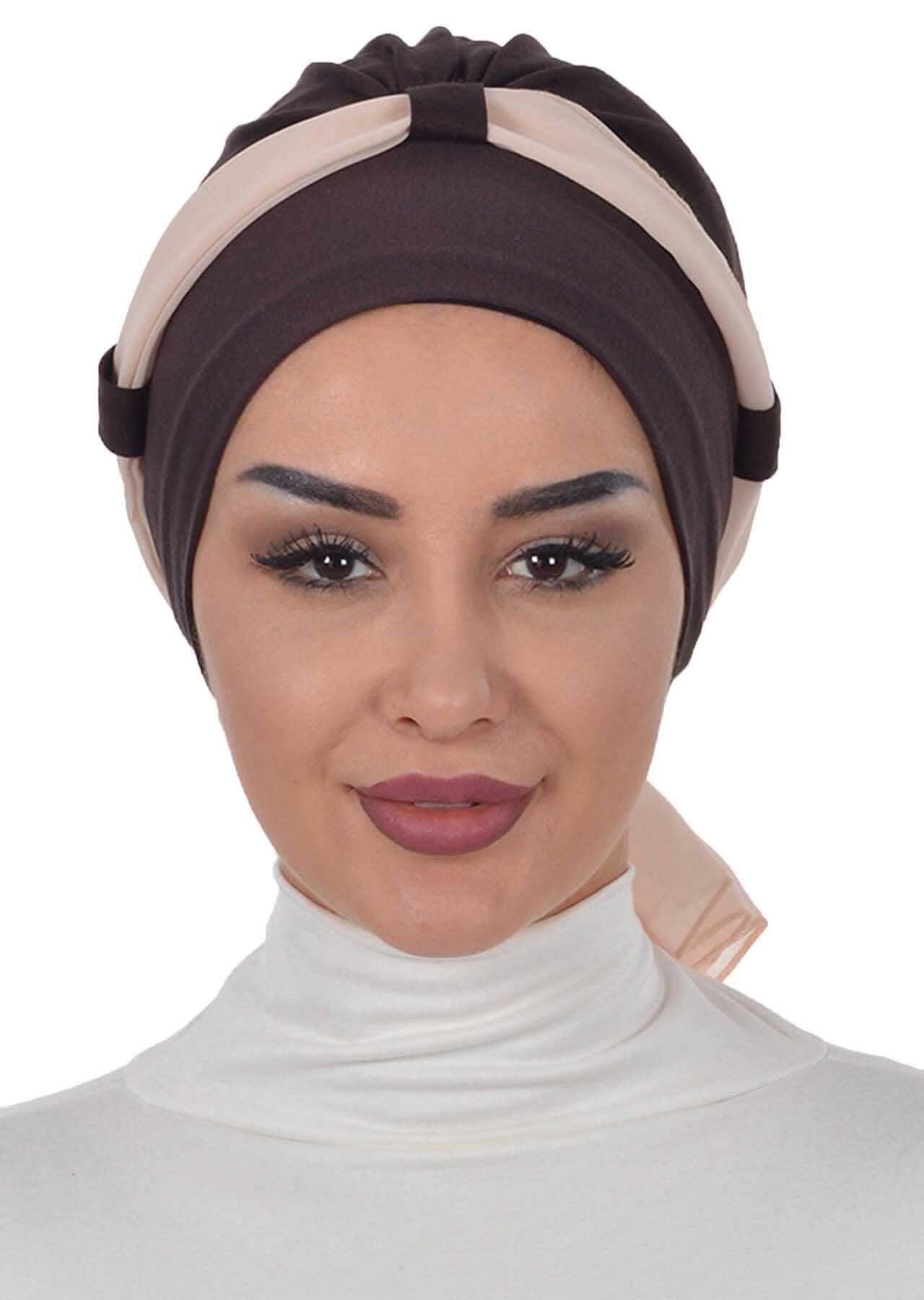 Dual Tone Instant Turban Bonnet with Chiffon Band, Fashionable Muslim Head Covering for Women, Ready-to-Wear Versatile Women Head Wrap,B-24 Brown - Beige