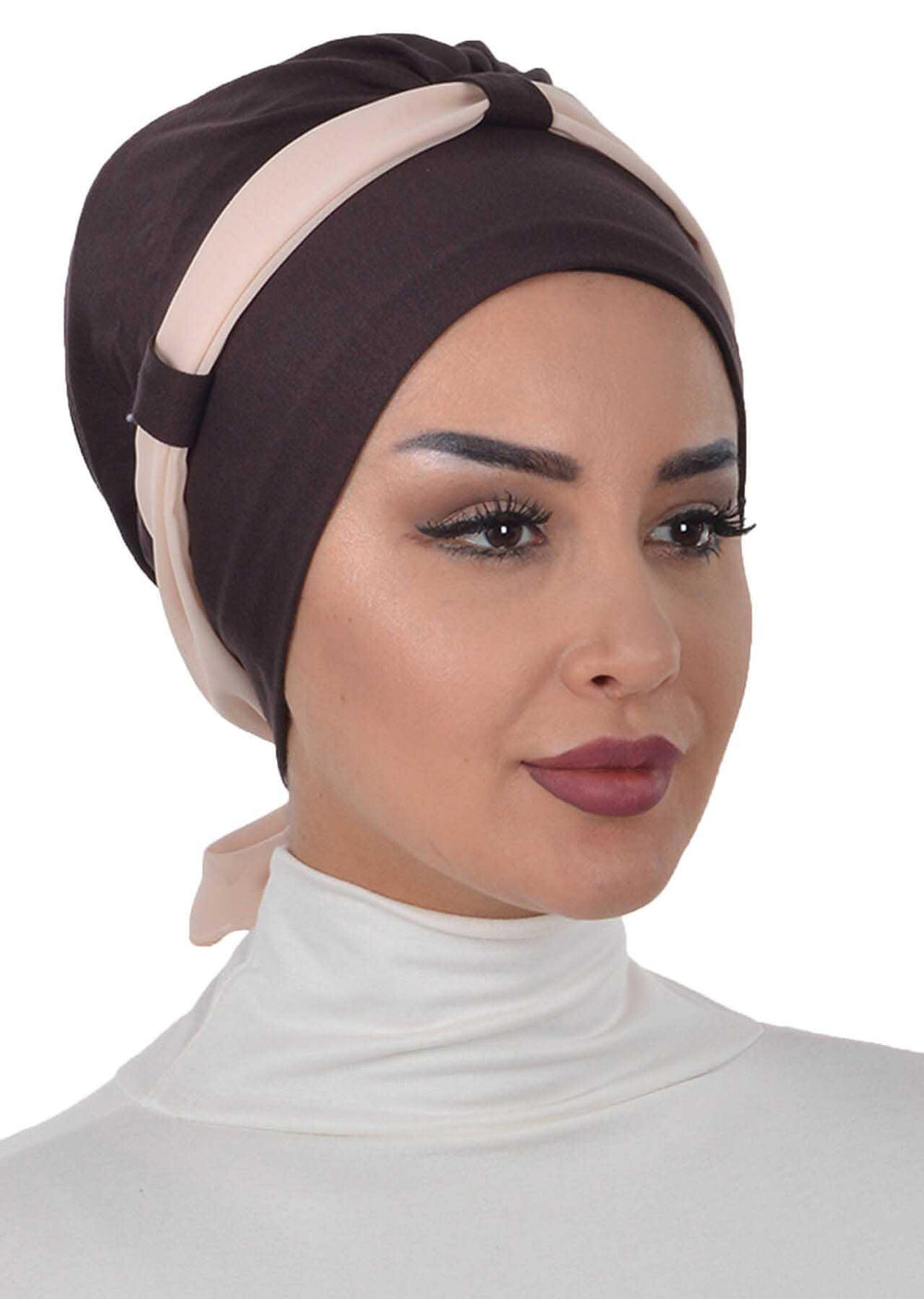 Dual Tone Instant Turban Bonnet with Chiffon Band, Fashionable Muslim Head Covering for Women, Ready-to-Wear Versatile Women Head Wrap,B-24 Brown - Beige