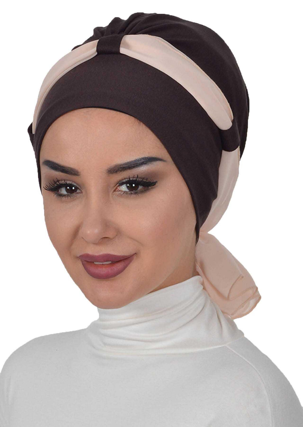Dual Tone Instant Turban Bonnet with Chiffon Band, Fashionable Muslim Head Covering for Women, Ready-to-Wear Versatile Women Head Wrap,B-24 Brown - Beige