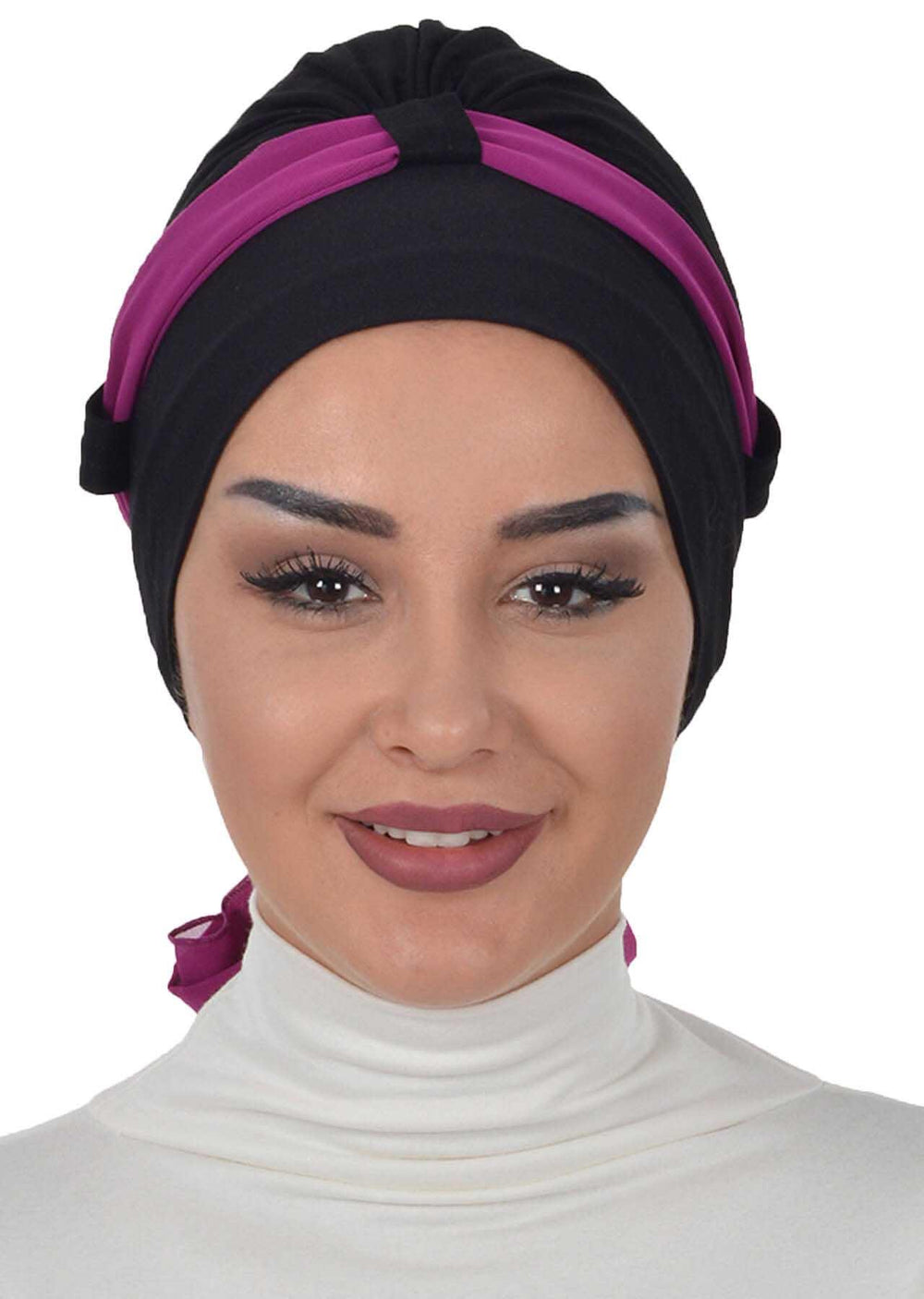 Dual Tone Instant Turban Bonnet with Chiffon Band, Fashionable Muslim Head Covering for Women, Ready-to-Wear Versatile Women Head Wrap,B-24 Black - Fuchsia