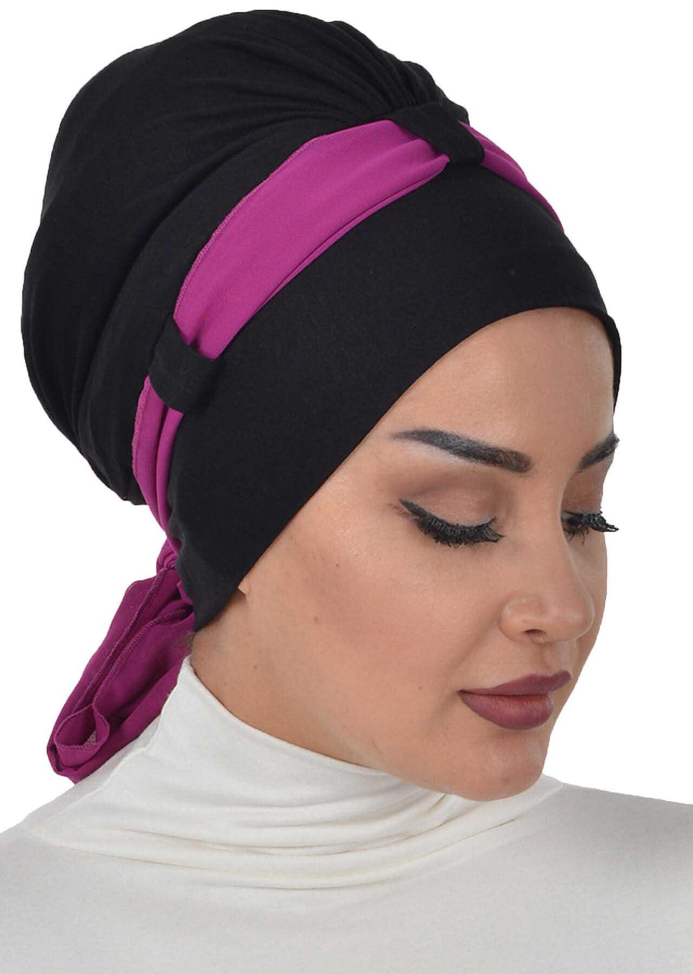Dual Tone Instant Turban Bonnet with Chiffon Band, Fashionable Muslim Head Covering for Women, Ready-to-Wear Versatile Women Head Wrap,B-24 Black - Fuchsia